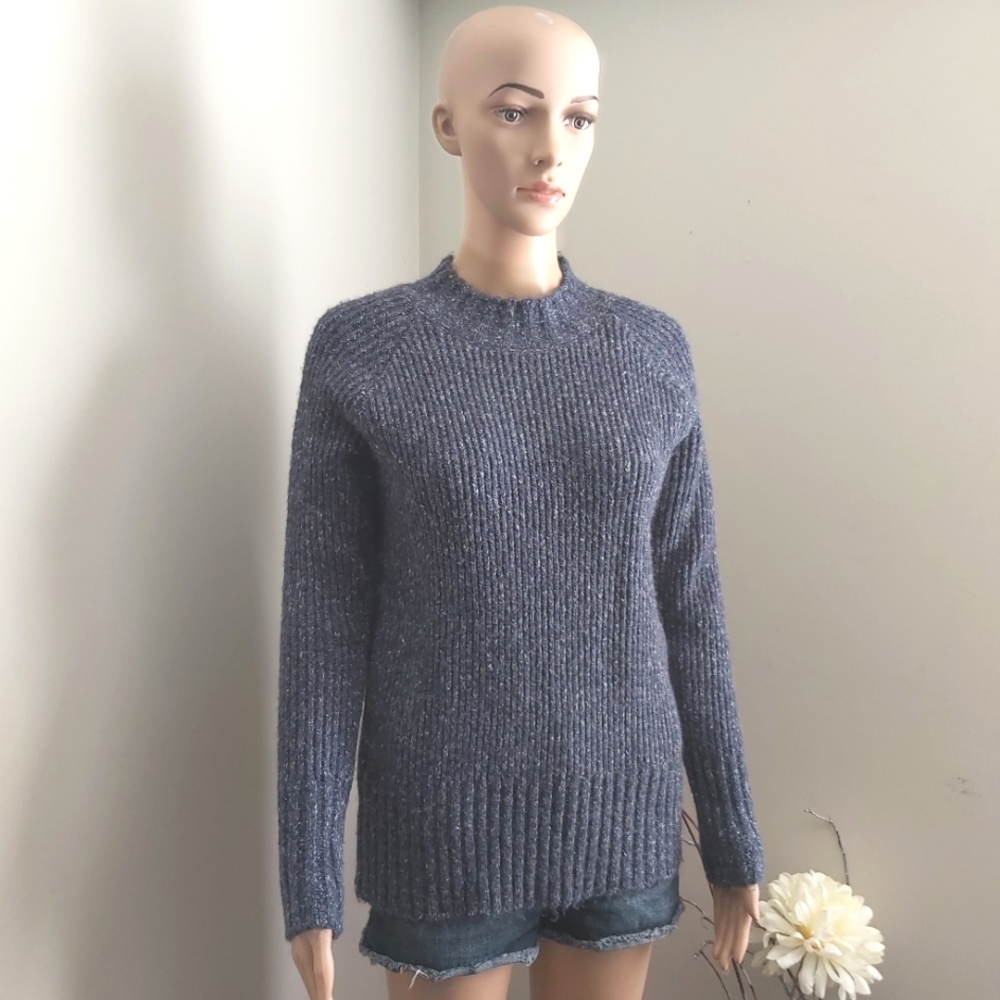 Orb blue ribbed knit sweater wool blend blue high neck